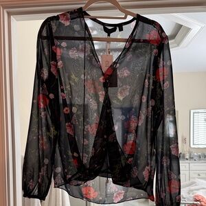 Ted Baker Black Sheer Floral Wrap Blouse with Pink and Red Blooms